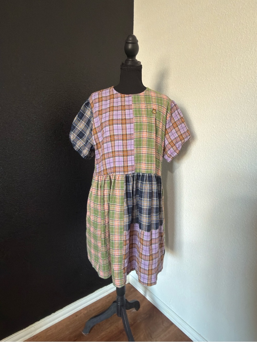 Teddy Fresh Plaid Patchwork Babydoll Dress with Bear Patch - Size XL